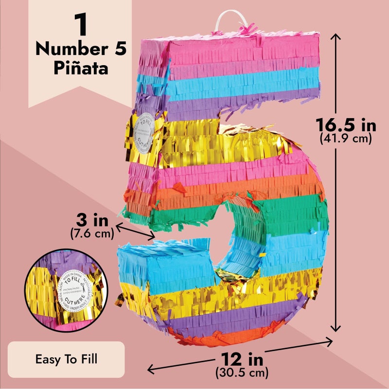 BLUE PANDA Rainbow Number 5 Pinata - Small, Multicolored, 12 x 16.5 x 3 In - Pinata for Kids Birthday Party & Fiesta Decoration - Image 3